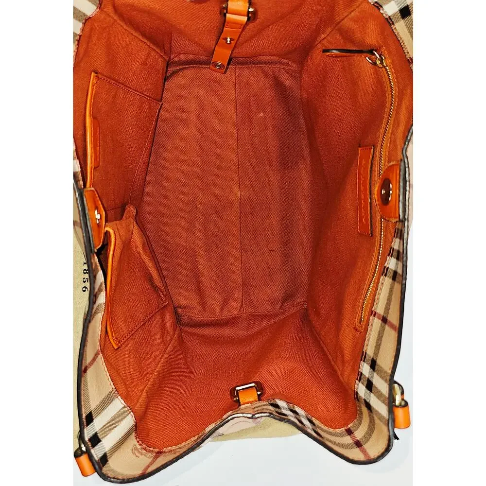 Burberry Orange Leather Haymarket Check Coated Canvas Canterbury Tote Bag - Picture 10 of 16